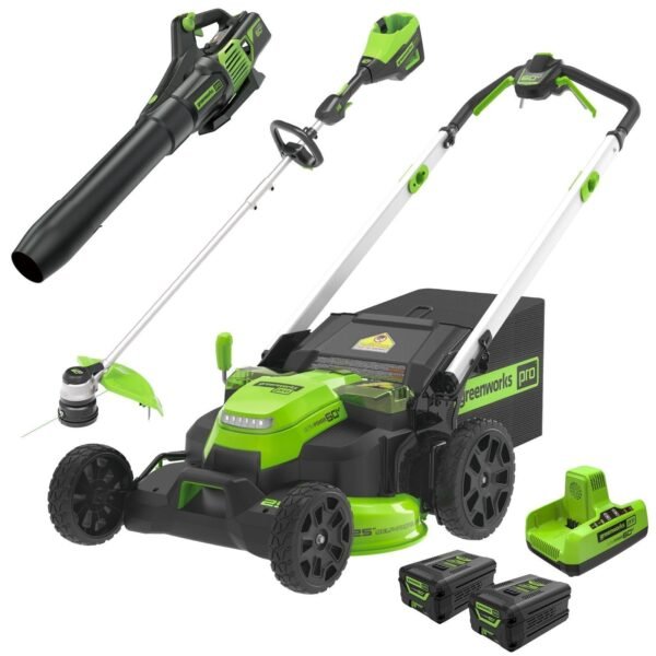 60V 25″ SP Mower 3PC Combo Kit, 16″ String Trimmer and 610CFM Blower