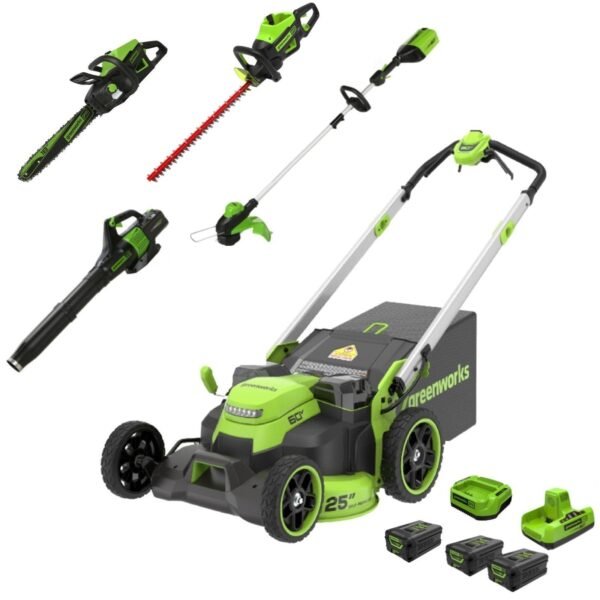 60V 25″ Dual Blade Self-Propelled Mower 5-pc Combo Kit, (3) 4.0 Ah Batteries, (1) Single Port Chargers and (1) Dual-Port Charger
