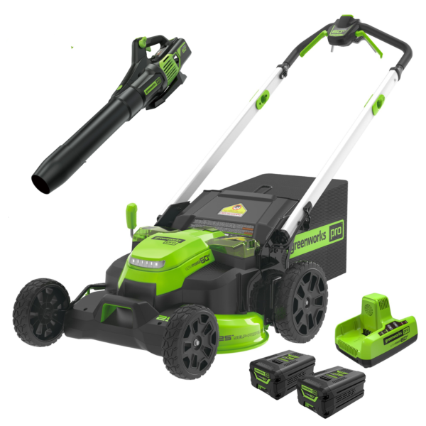 60V 25″ Cordless Battery Self-Propelled Mower Combo Kit, Blower: (2) 4.0 Ah Batteries and Dual-Port Charger