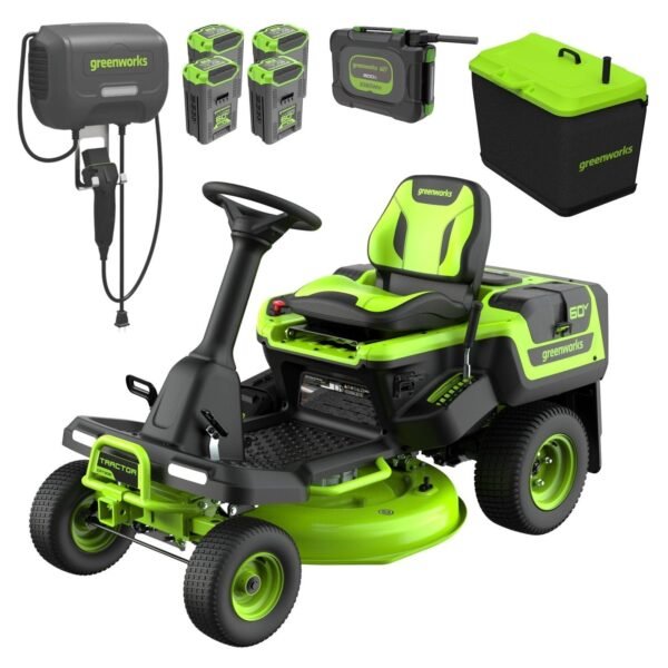 60V 30″ CrossoverT Riding Lawn Tractor, Bagger Included, (4) 8.0 Ah (1) 20.0Ah Batteries and 600-Watt Charger