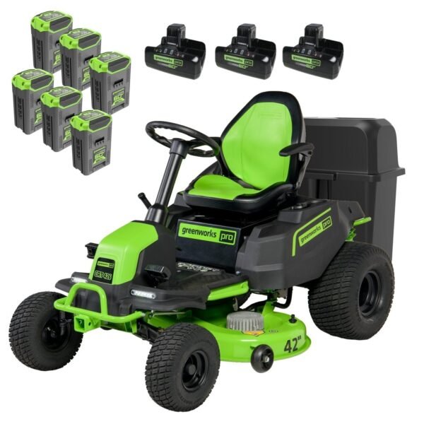 60V 42″ Cordless Battery CrossoverT Riding Lawn Mower + Bagger, (6) 8.0 Ah Batteries and (3) Dual-Port Turbo Chargers