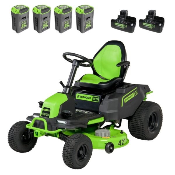 60V 42″ Cordless Battery CrossoverT Riding Lawn Mower, (4) 8.0 Ah Batteries and (2) Dual-Port Turbo Chargers