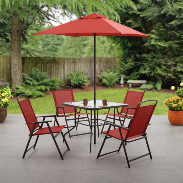 6 Piece Patio Dining Set Outdoor Bistro Table Chairs Umbrella Furniture Red